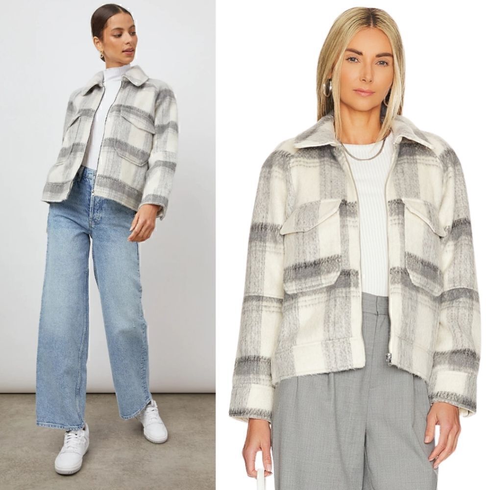 New! Rails Cheyenne Wool Snow Grey Check Plaid Zip Up Winter Shacket Jacket